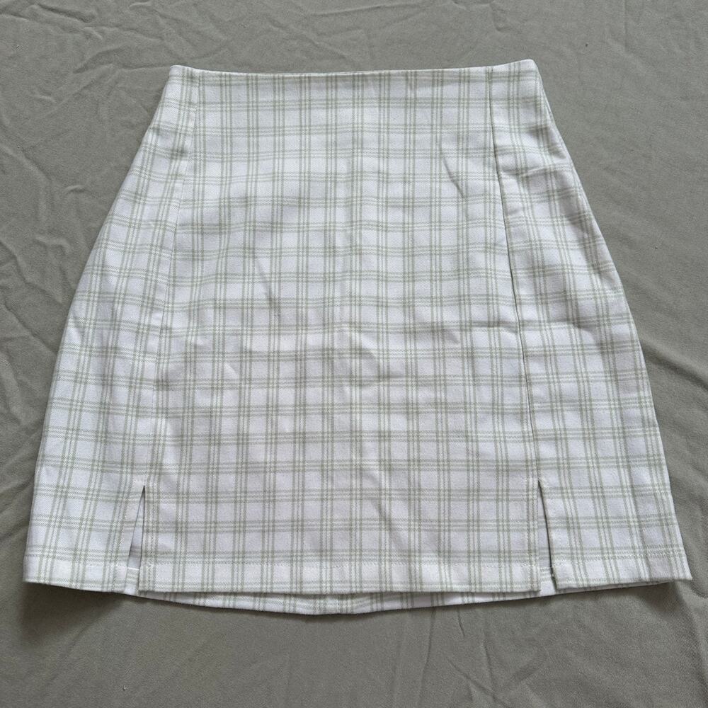 Brandy Melville Plaid Cara Mini Skirt Sage Green White Pastel Side Slits